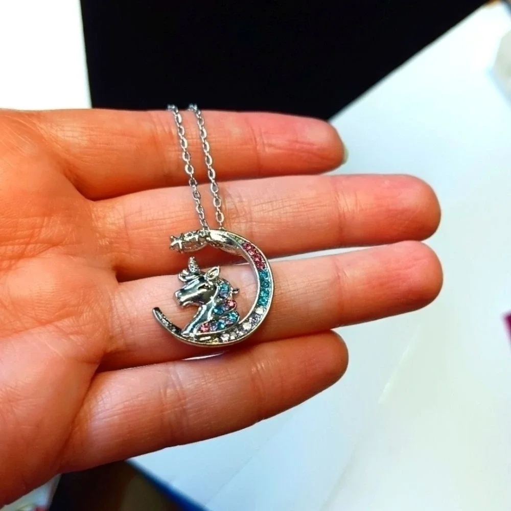 Silver Gold Plated Unicorn Pendant Necklace Moon Stars Rainbow‎ Rhinestones
